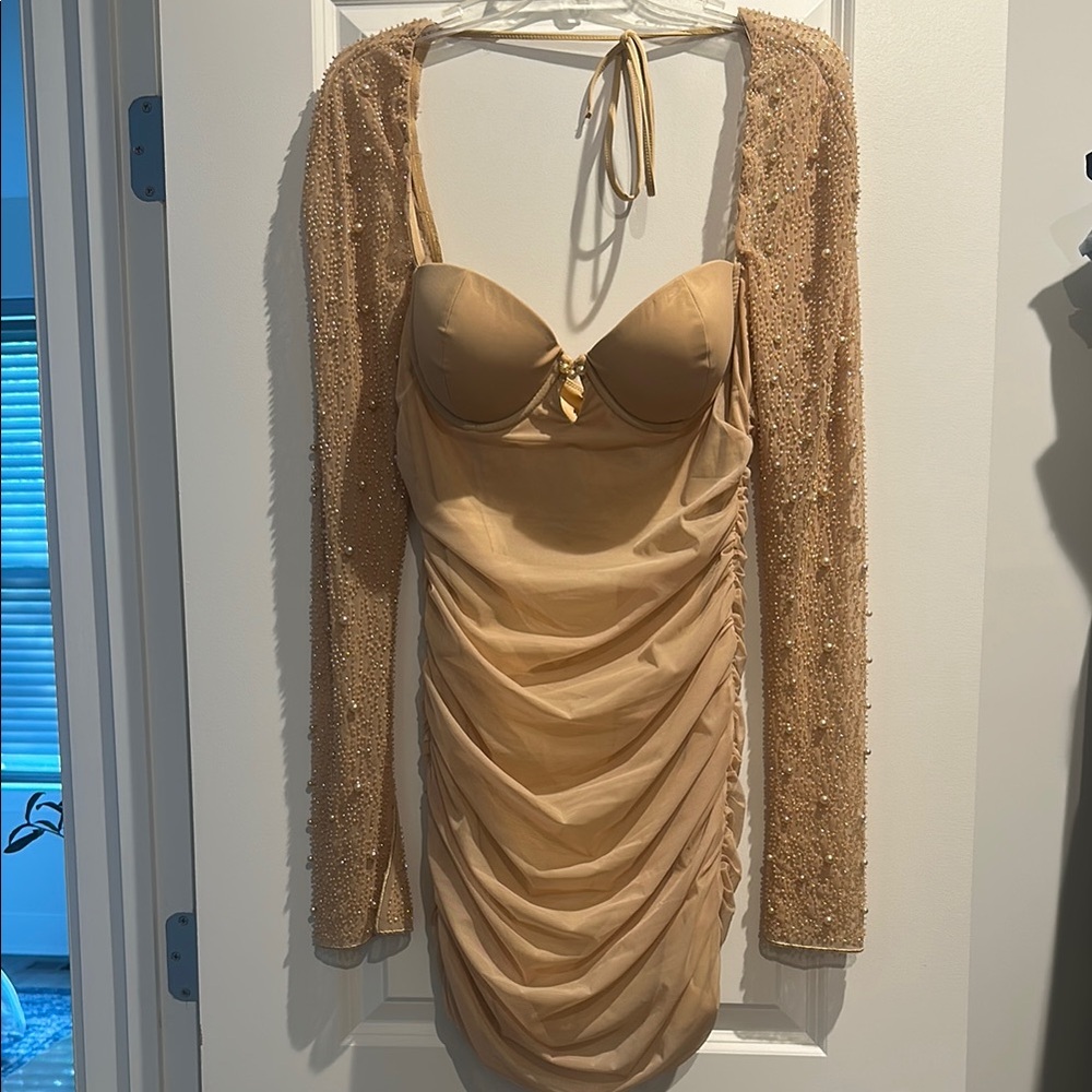 Oh Polly Beige Dress with Pearl Accents